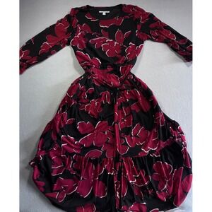 Studio One New York Womens Floral Faux Wrap Midi Dress Blk Magenta Long Sleeve M
